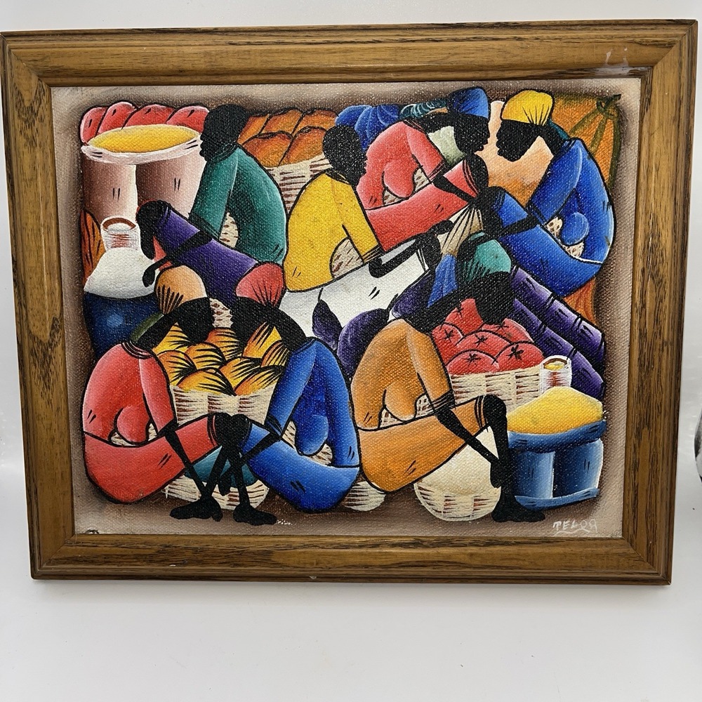 Telor 10x8 Jamaican Market Scene Oil Painting Folk Art Caribbean Tropical Decor